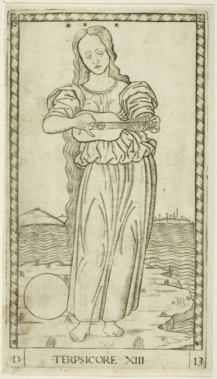 Terpsícore, lámina trece de Apolo y las Musas de Master of the E Series Tarocchi