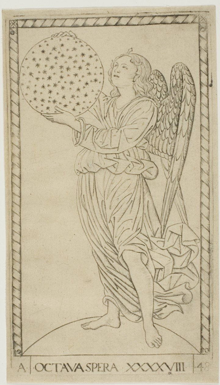 El ángel y la octava esfera, lámina 48 de Planetas y Esferas de Master of the E Series Tarocchi