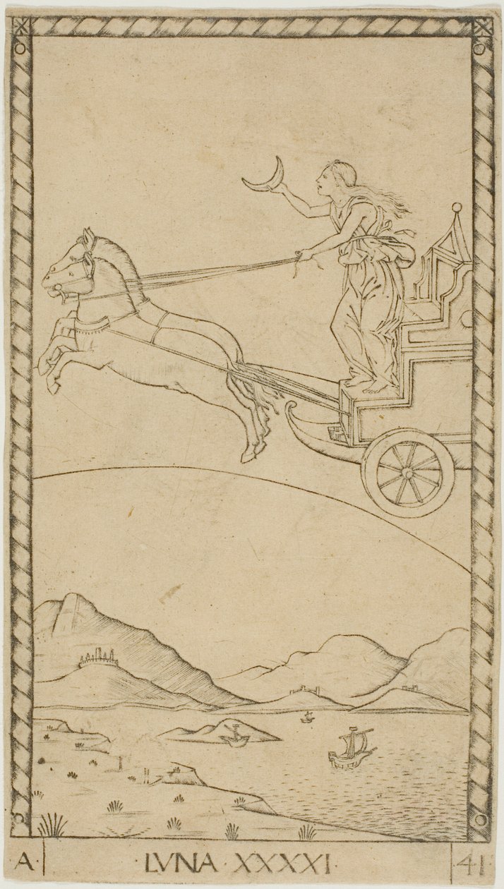 La Luna, lámina 41 de Planetas y Esferas de Master of the E Series Tarocchi