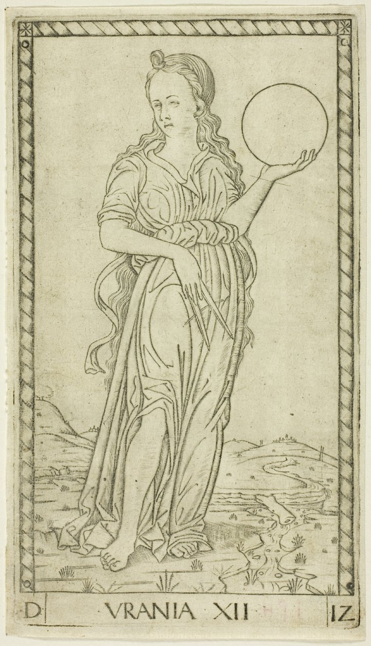 Urania, lámina doce de Apolo y las musas de Master of the E Series Tarocchi