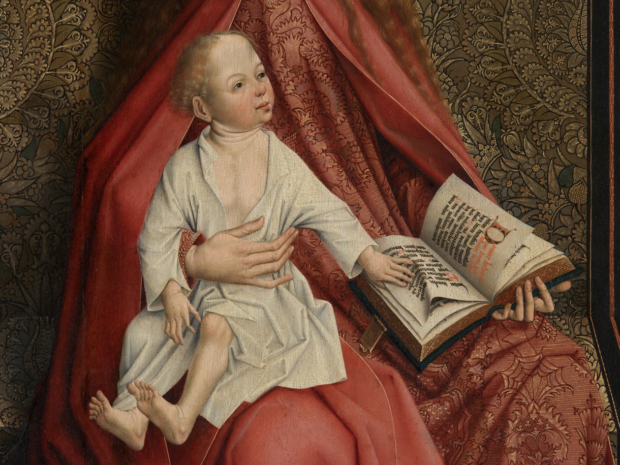 Detalle de Madonna coronada por ángeles (óleo sobre tabla) de Master of the Embroidered Foliage