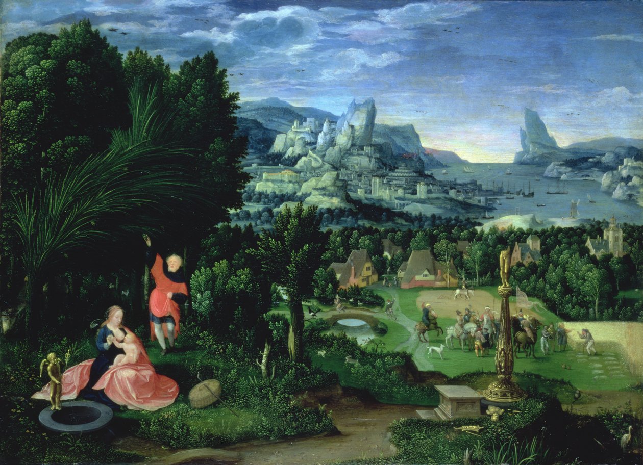 El descanso en la huida a Egipto, paisaje pintado por Joachim Patinir de Master of the Female Half Lengths