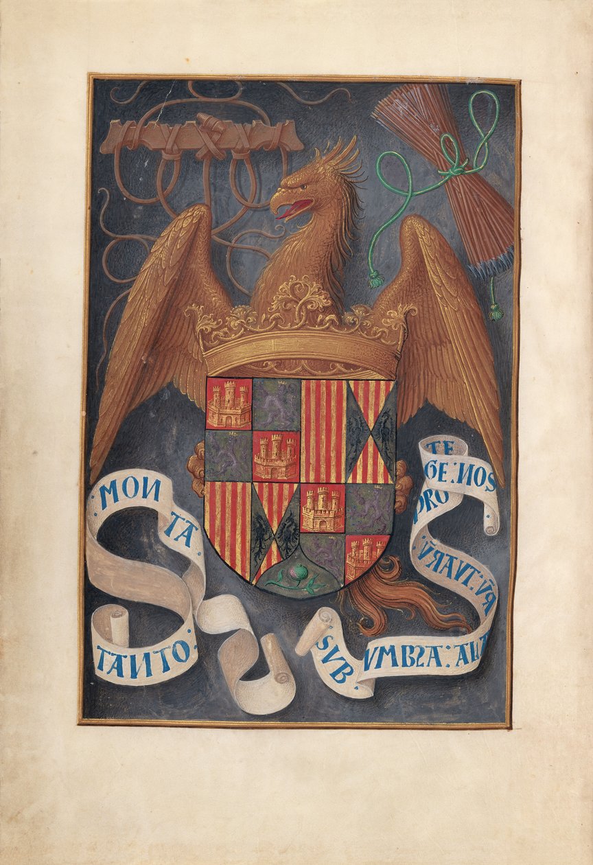 Horas de la Reina Isabel la Católica, Reina de España: Fol. 1v, Armas y Lemas de Isabel..., c. 1500 de Master of the First Prayerbook of Maximillian