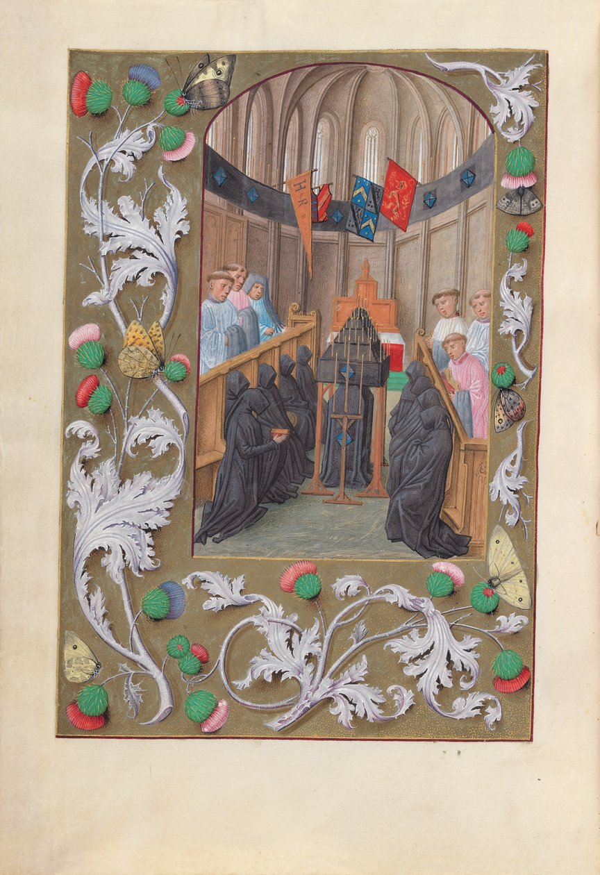 Horas de la Reina Isabel la Católica, Reina de España: Fol. 219v, Servicio fúnebre, c. 1500 de Master of the First Prayerbook of Maximillian