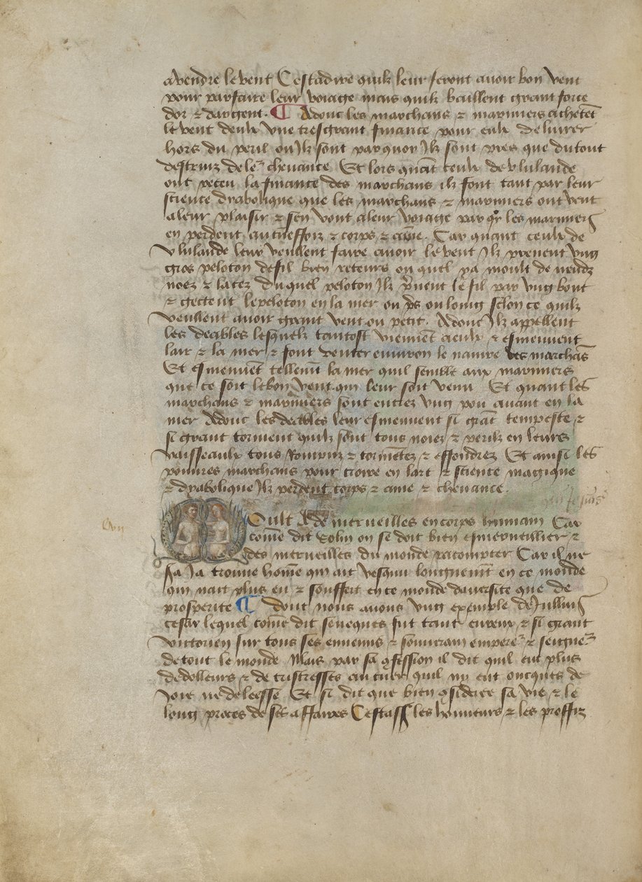 Inicial M historiada: Busto Retrato de hombre y mujer de Master of the Geneva Boccaccio