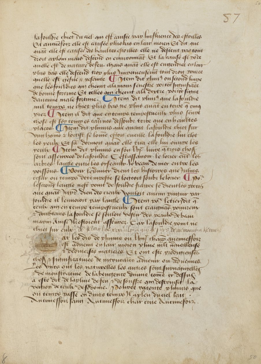 Historiated Initial P: Lluvia de sapos, ranas arborícolas y alimañas de Master of the Geneva Boccaccio