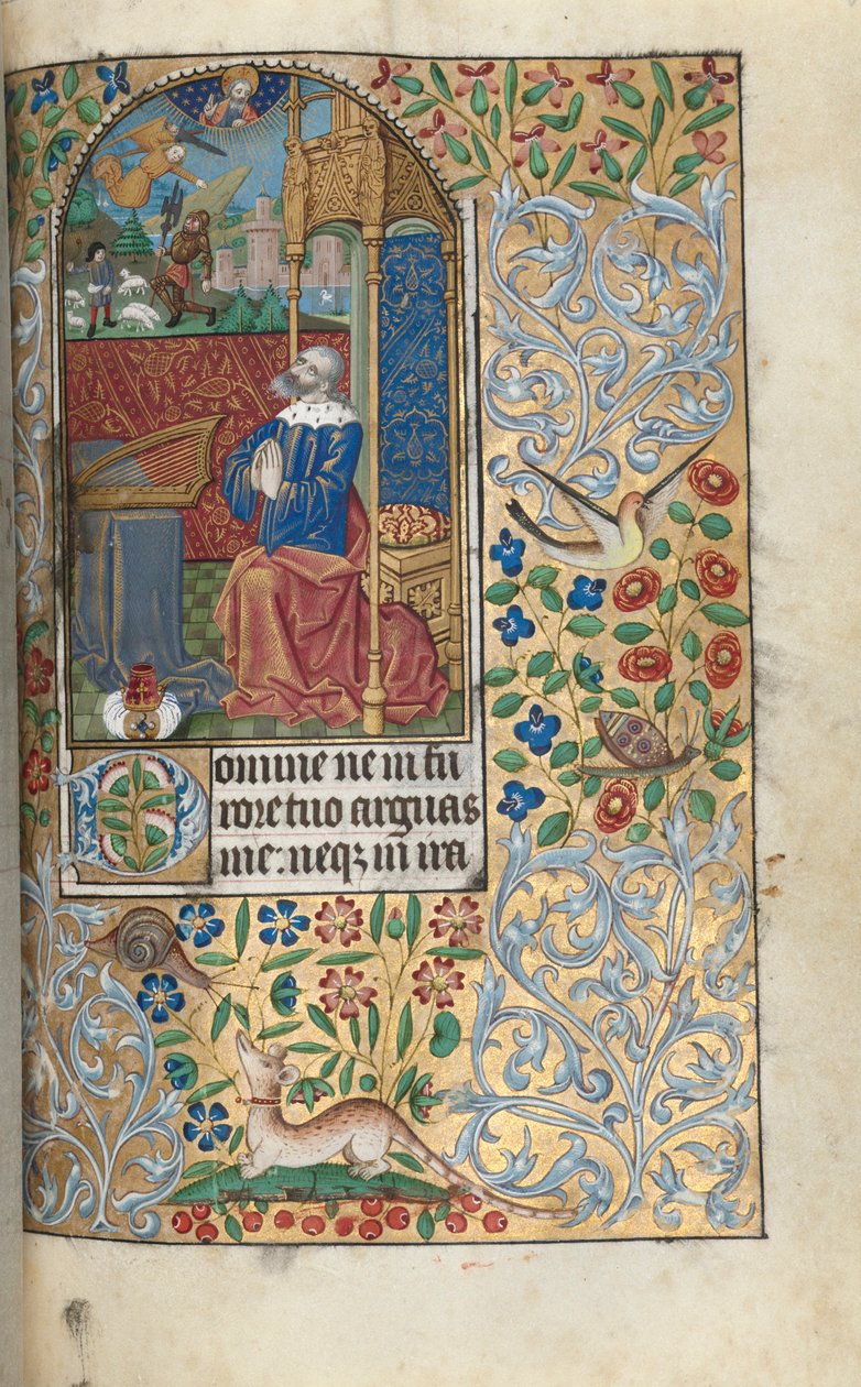 Libro de Horas (Uso de Ruán): fol. 80r, Salmos penitenciales iniciales, David penitente, a lo lejos David matando a Goliat de Master of the Geneva Latini