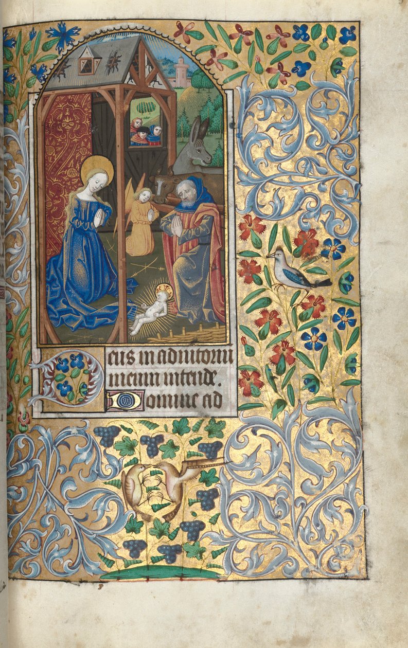 Libro de Horas Uso de Rouen: fol. 56r, Adoración con Pastores Natividad, c. 1470 de Master of the Geneva Latini
