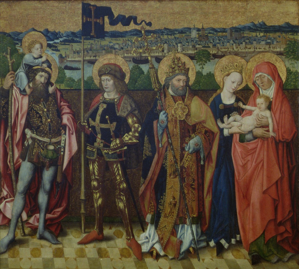 Santa Ana, la Virgen y el Niño, San Cristóbal, San Gereón y San Pedro en un paisaje, mostrando Colonia y las Siete Colinas, c.1460-80 de Master of the Glorification of Mary