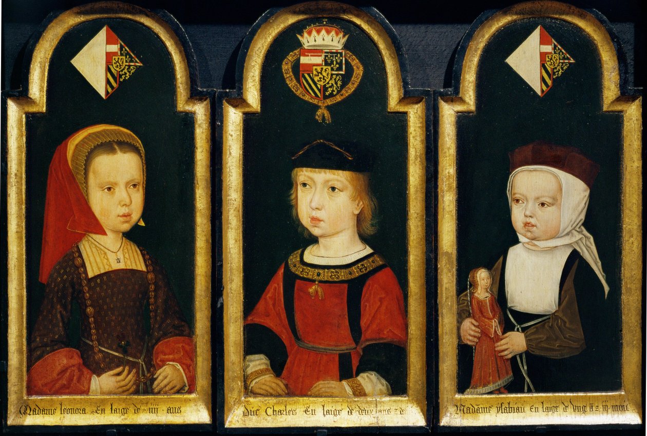 El emperador Karl V, de 2 años, y sus dos hermanas Eleonore e Isabella de Master of the Guild of Saint George