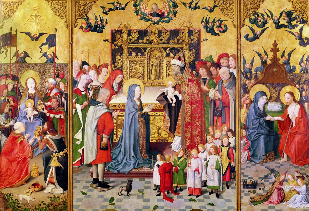 Retablo de los Siete Gozos de la Virgen, que representa la Adoración de los Magos, la Presentación en el Templo y Cristo apareciendo a María, c.1480 de Master of the Holy Family