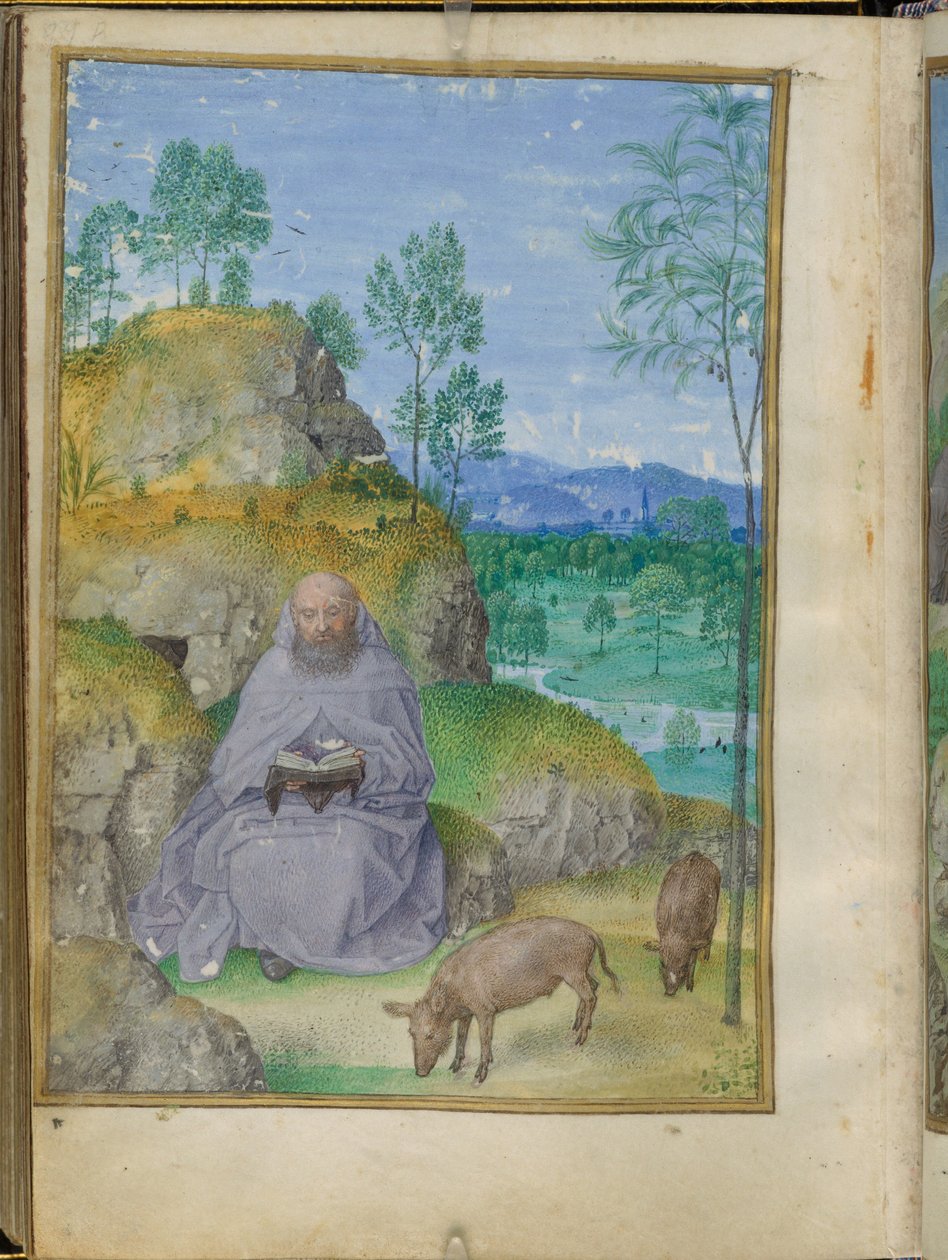 San Antonio abad en el desierto, miniatura de las Horas Blancas de Emerson. de Master of the Houghton Miniatures