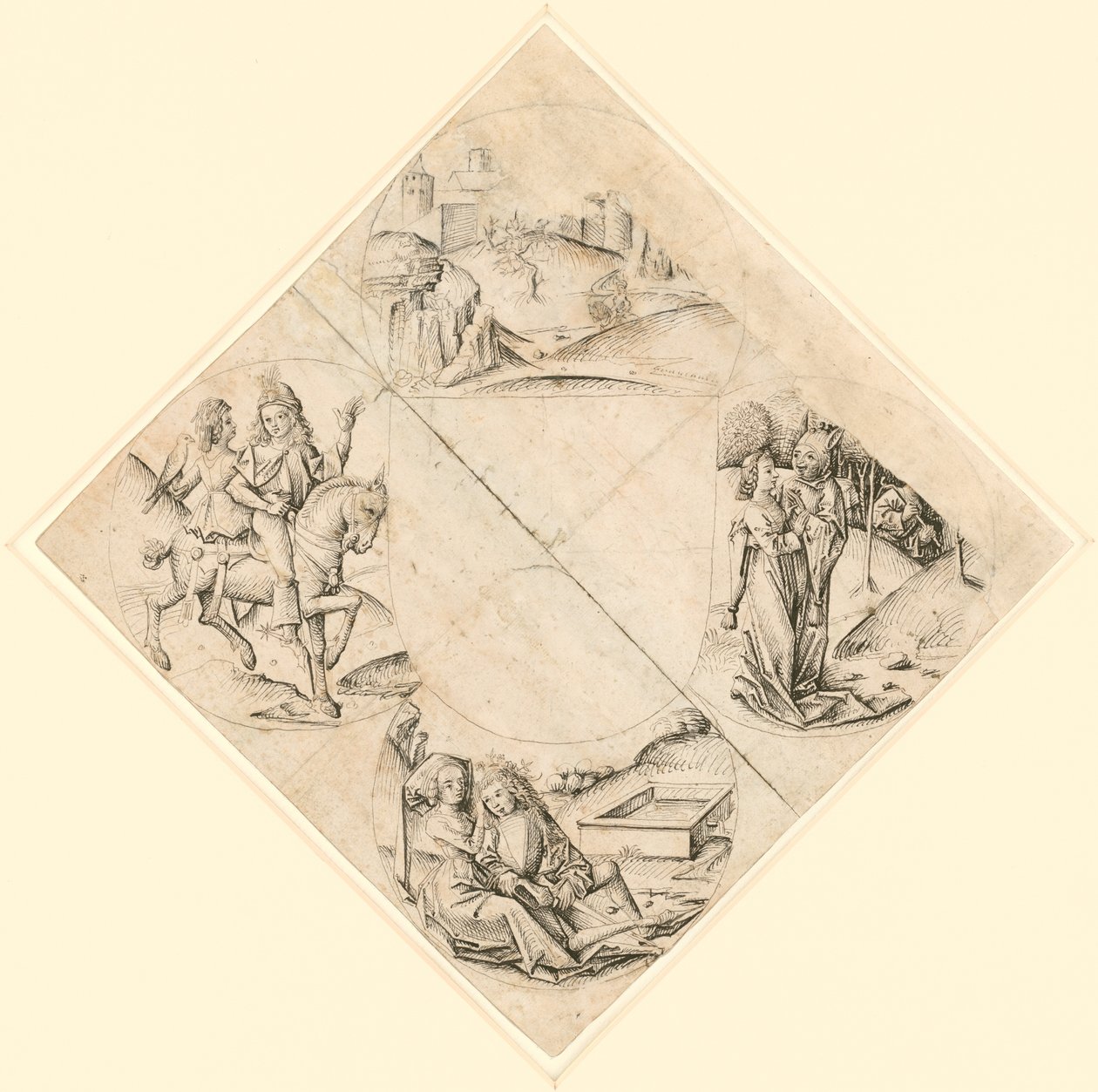 Diseño para un cuatrifolio con un castillo, dos amantes, una doncella tentada por un bufón, una pareja sentada junto a un abrevadero y un caballero y su amante montados a caballo de Master of the Housebook