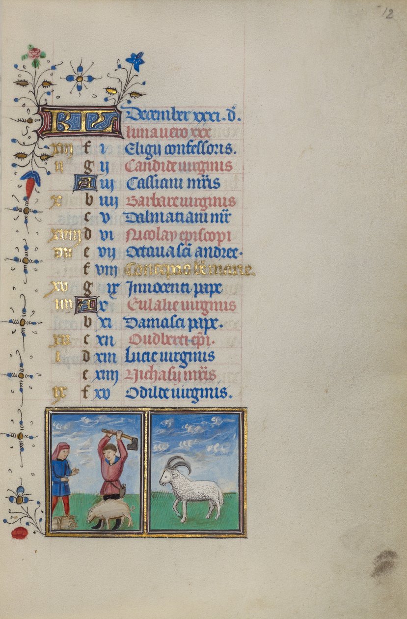 Página del calendario de diciembre; Sacrificar un cerdo; Capricornio de Master of the Lee Hours