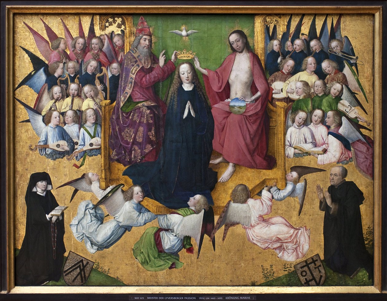 La coronación de María. Representación de la Santísima Trinidad: Dios, Jesucristo y la paloma del Espíritu Santo de Master of the Lyversberg Passion