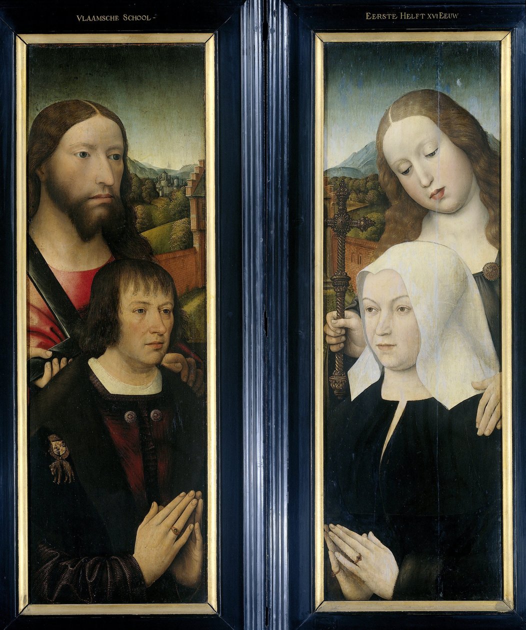 Dos alas de un tríptico con el donante, Tomás Isaacq, acompañado de Santo Tomás (izquierda, ala exterior), y la esposa del donante acompañada de Santa Margarita (derecha, ala exterior) de Master of the Magdalen Legend