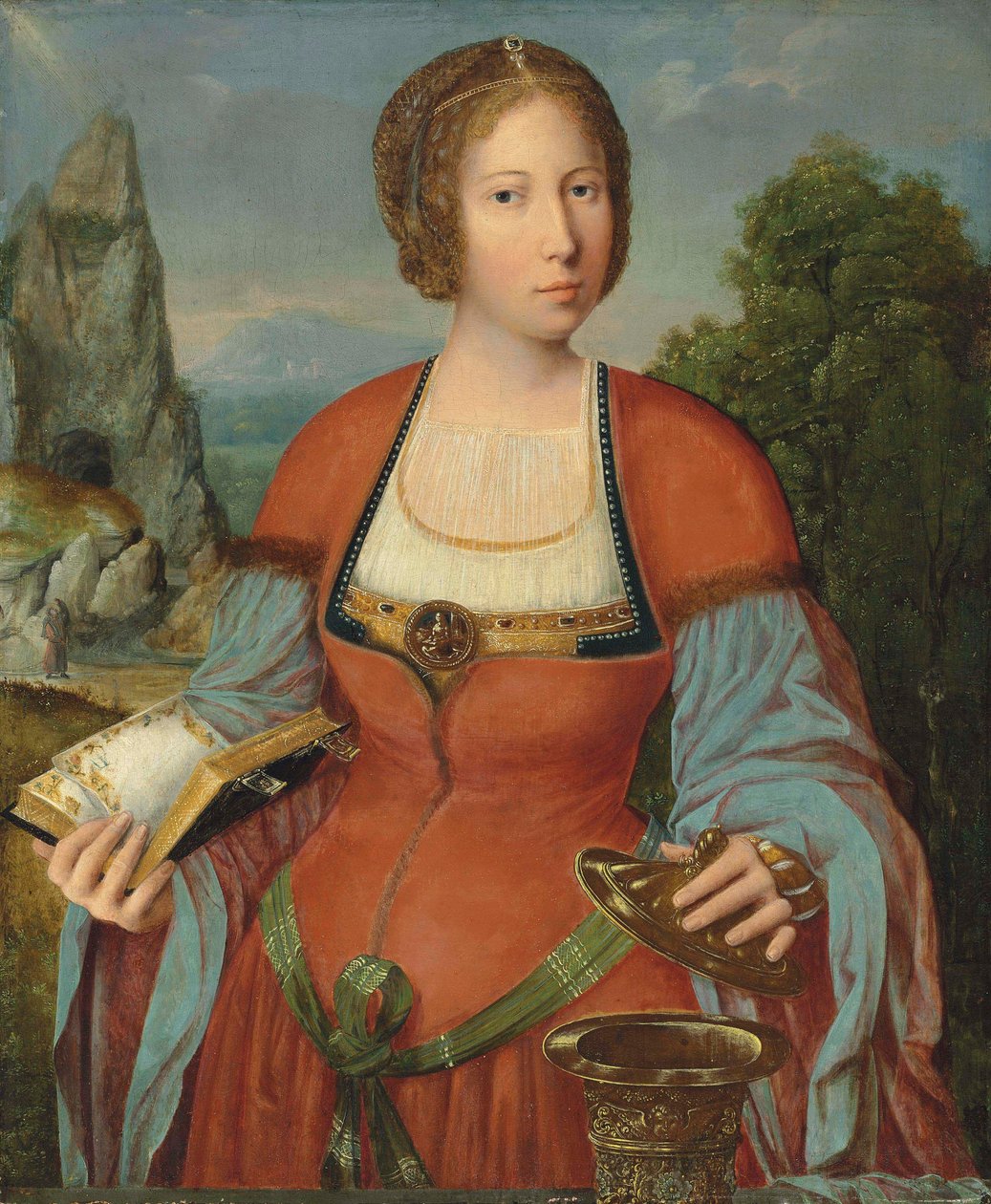 La Magdalena sostiene un Libro de Horas en un paisaje de Master of the Mansi Magdalen