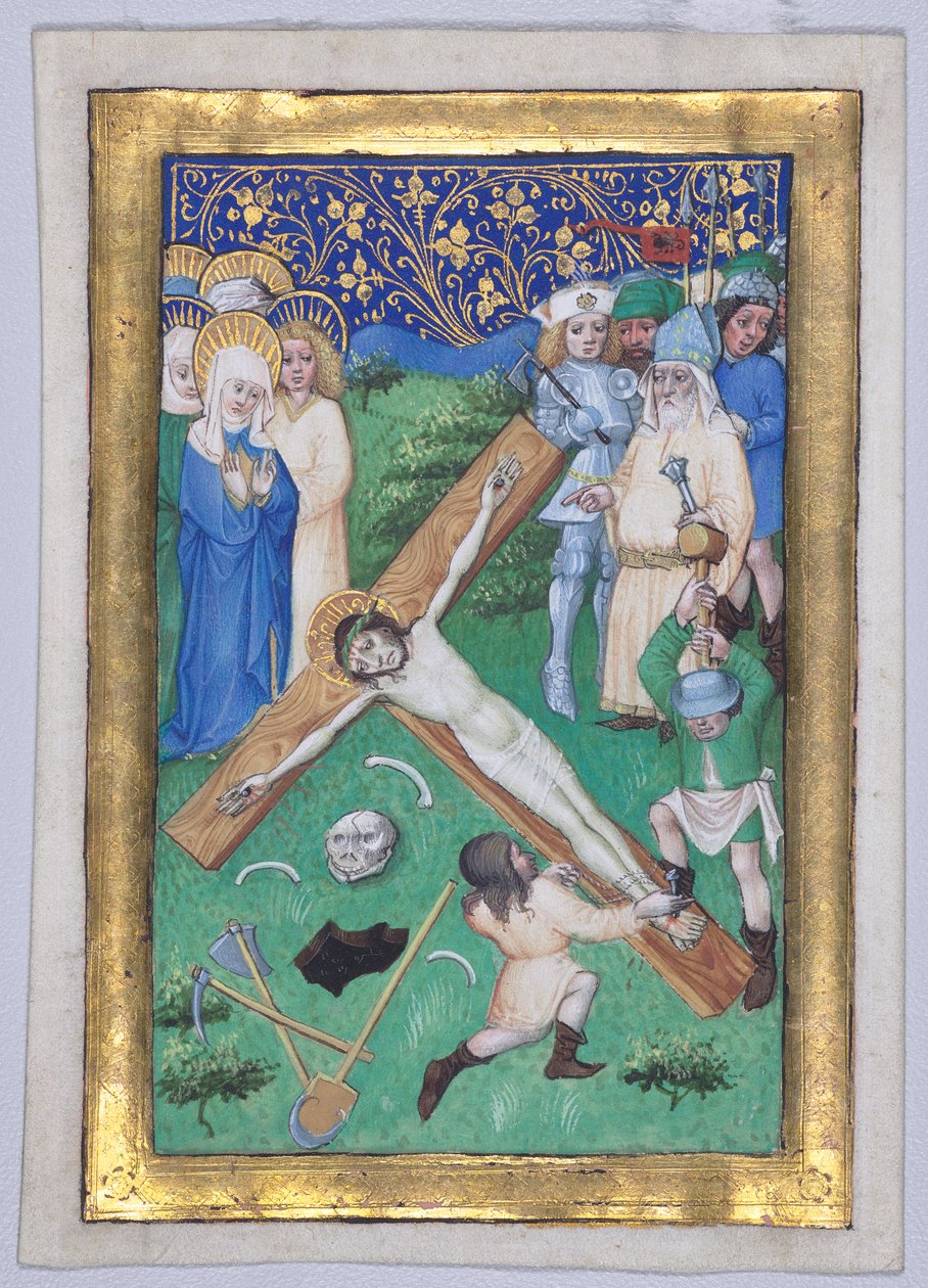 Hoja de un Libro de Horas: Cristo siendo clavado en la cruz de Master of the Maximilian Schoolbooks