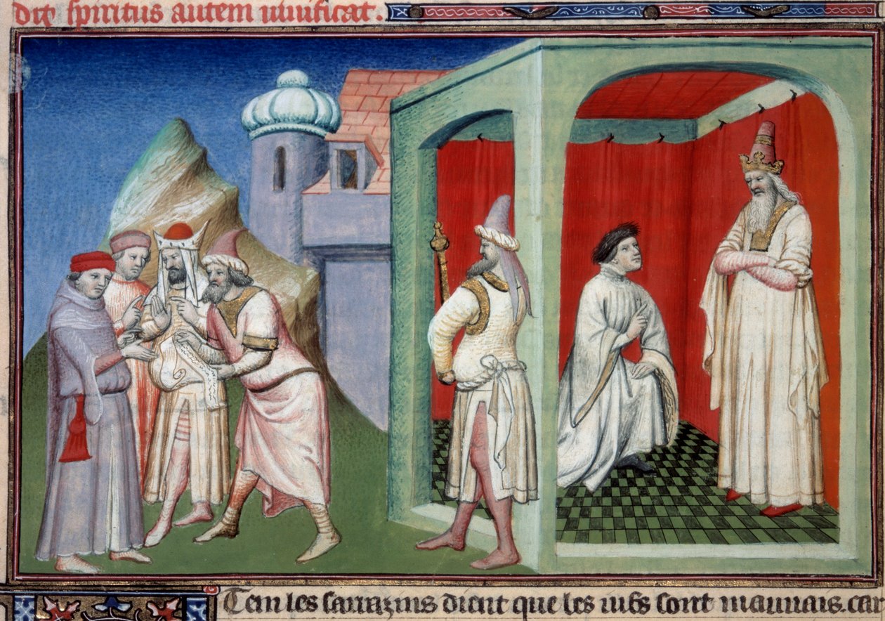 Juan de Mandeville y el Sultán. Controversia entre cristianos y musulmanes representada por Jean de Mandeville y el Sultán de los sarracenos. Miniatura en “El Libro de las Maravillas del Mundo” de Master of the Mazarine