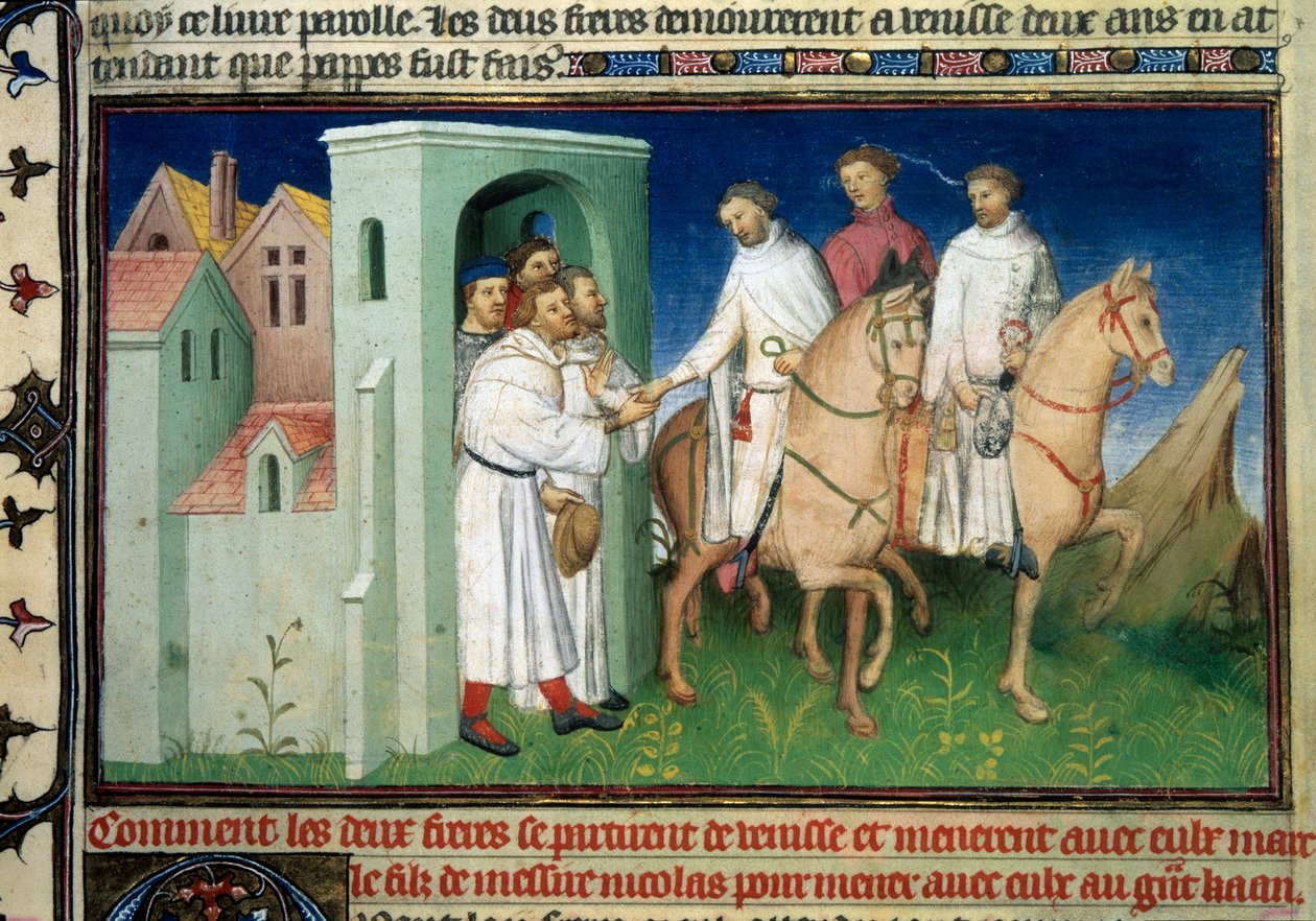 Matteo y Niccolo, los hermanos Polo dejando Venecia. Miniatura tomada de "El Libro de las Maravillas" ("Devisement of the World", "Il Milione") de Marco Polo (1254-1324) (Ms. 2810, Folio 4) iluminada por el Maestro de Mazarine, alrededor de 1410-1412. BN de Master of the Mazarine