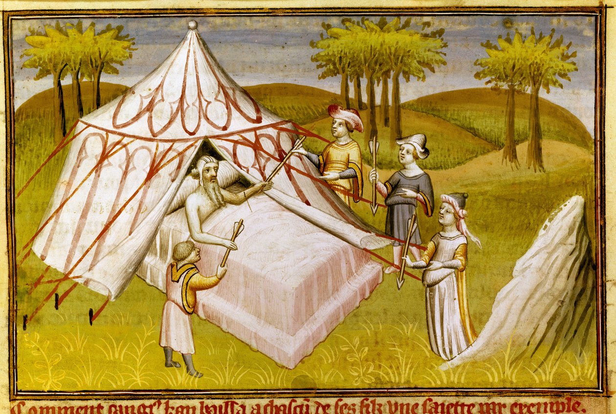 El líder mongol Gengis Khan en su lecho de muerte dando sus últimas recomendaciones a sus hijos, c.1410 (miniatura) de Master of the Mazarine