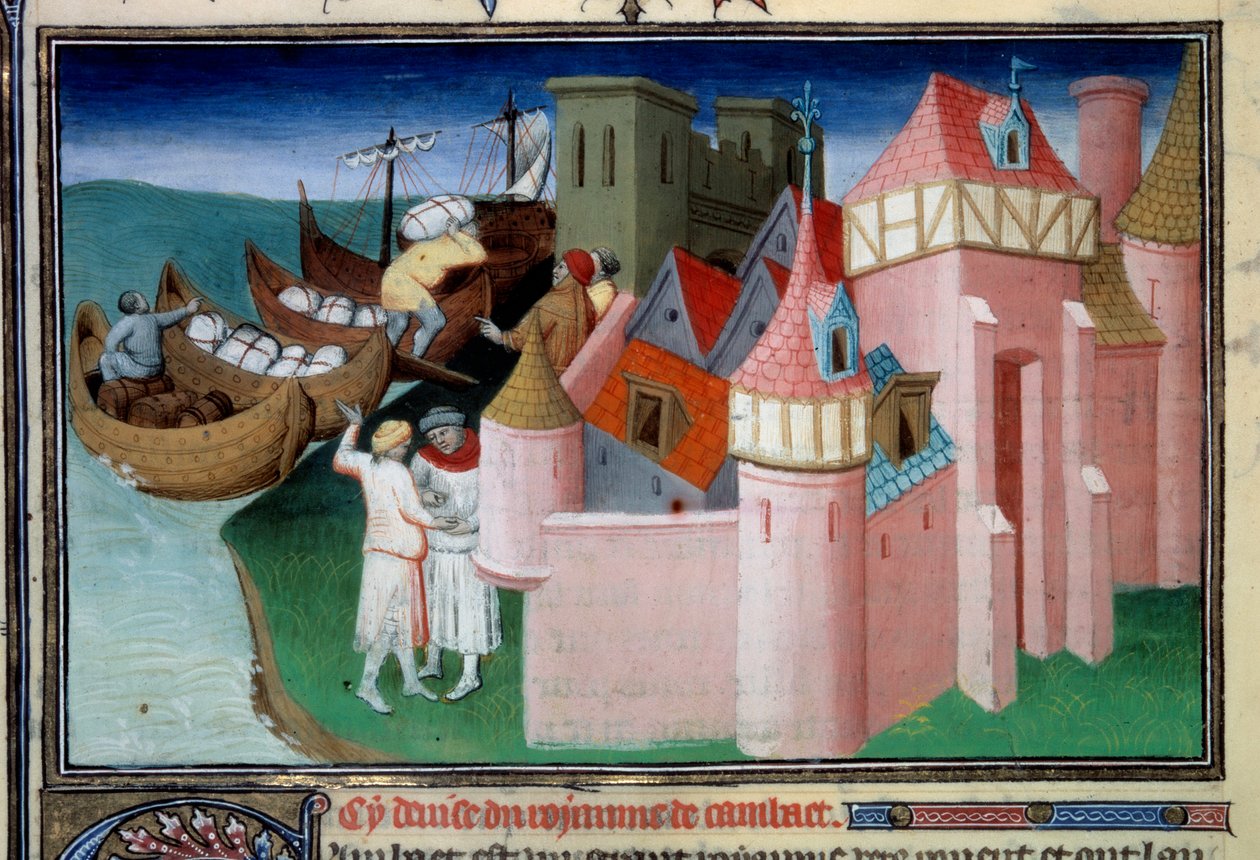 Descarga de balas en la ciudad de Khambhat, India. Miniatura en “El Libro de las Maravillas” (Devisement du monde, Il Milione) de Master of the Mazarine