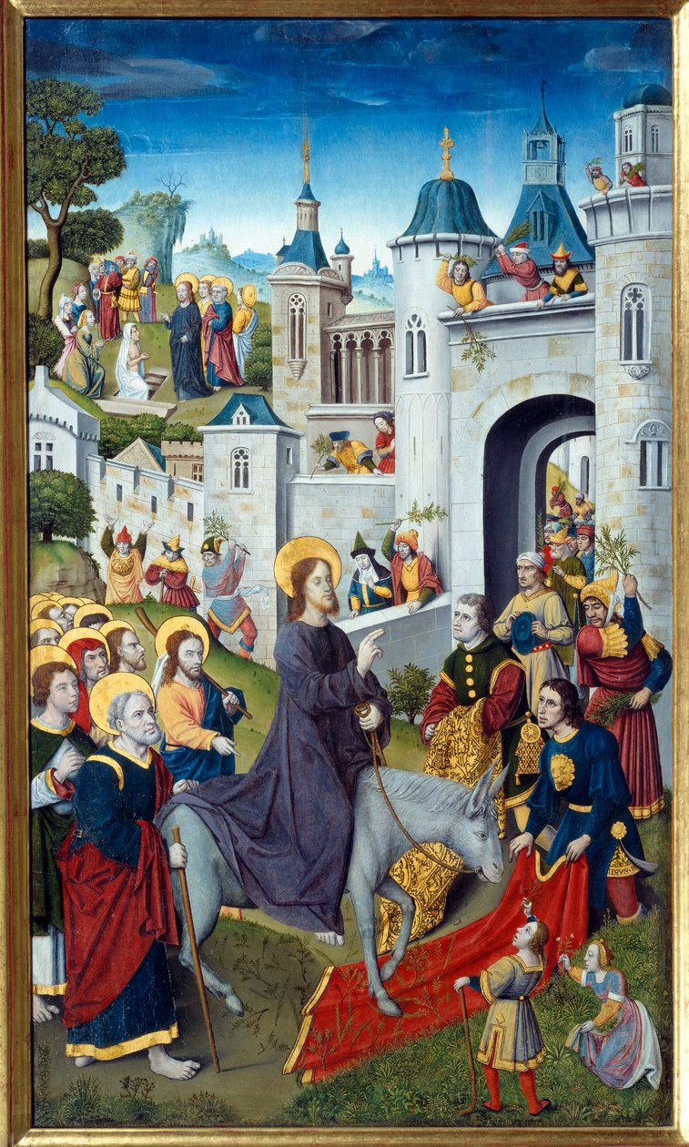 La entrada de Cristo en Jerusalén El Domingo de Ramos, los habitantes le saludan con alegría extendiendo sus ropas en el suelo, empuñando ramas de olivo. Pintura del Maestro del Monograma AH de Master of the Monogram AH