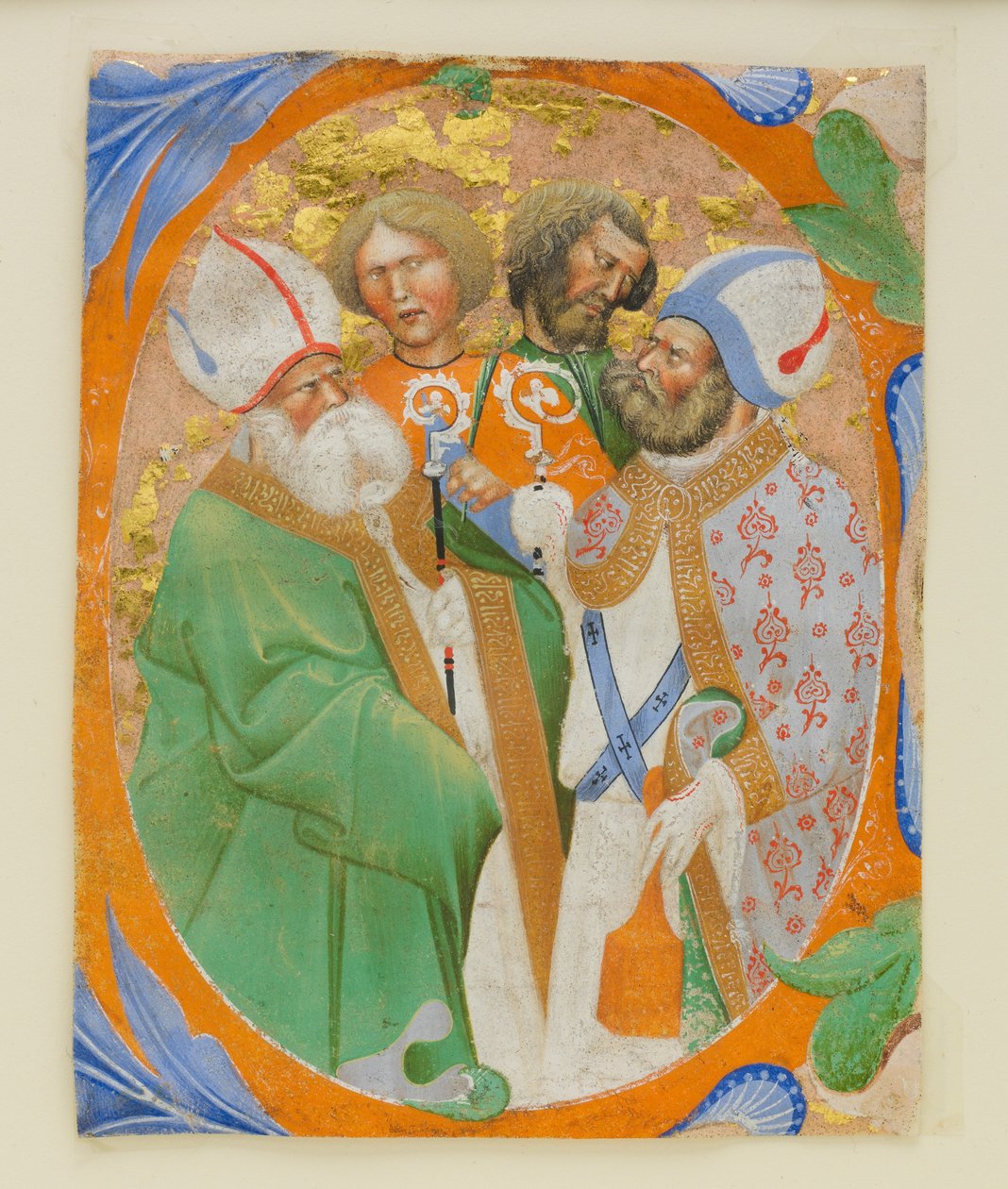 Iluminación de manuscrito con cuatro santos en una inicial O, de un libro de coro de Master of the Murano Gradual