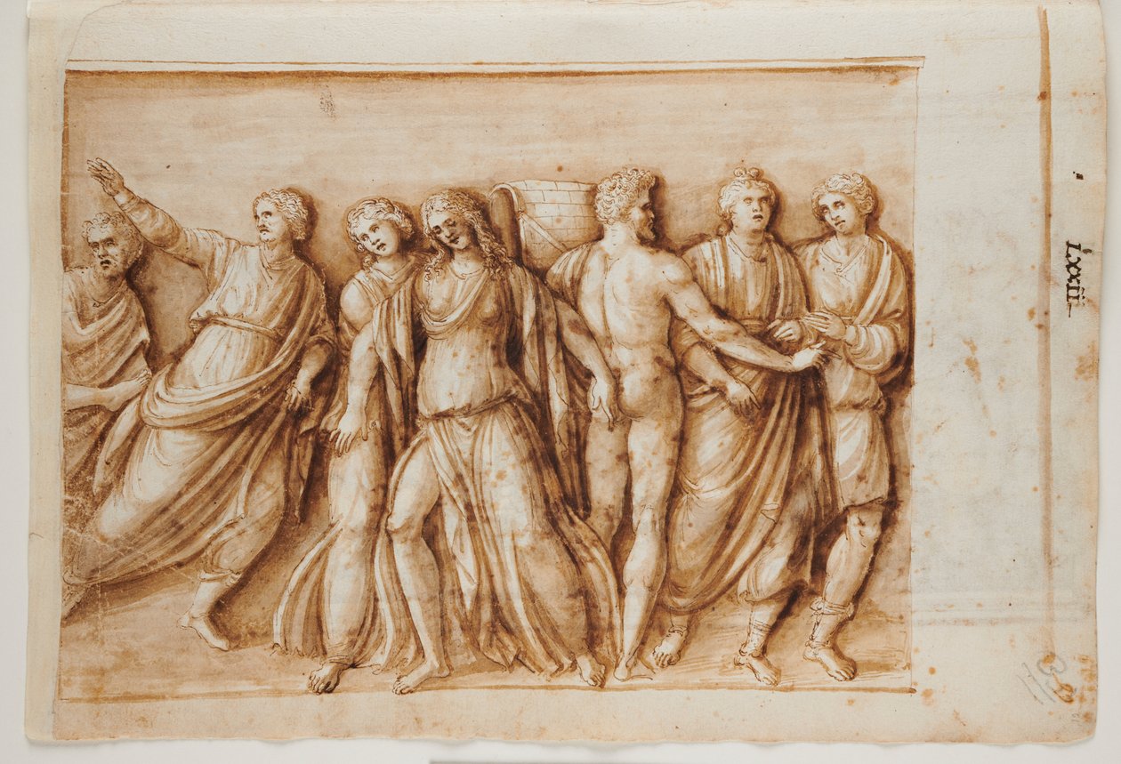 Folio 61, anverso: El retorno de Meleagro de un sarcófago romano, Roma, Palacio Barberini, c.1512-17 (pluma y tinta marrón con aguada marrón) de Master of the Oxford Album