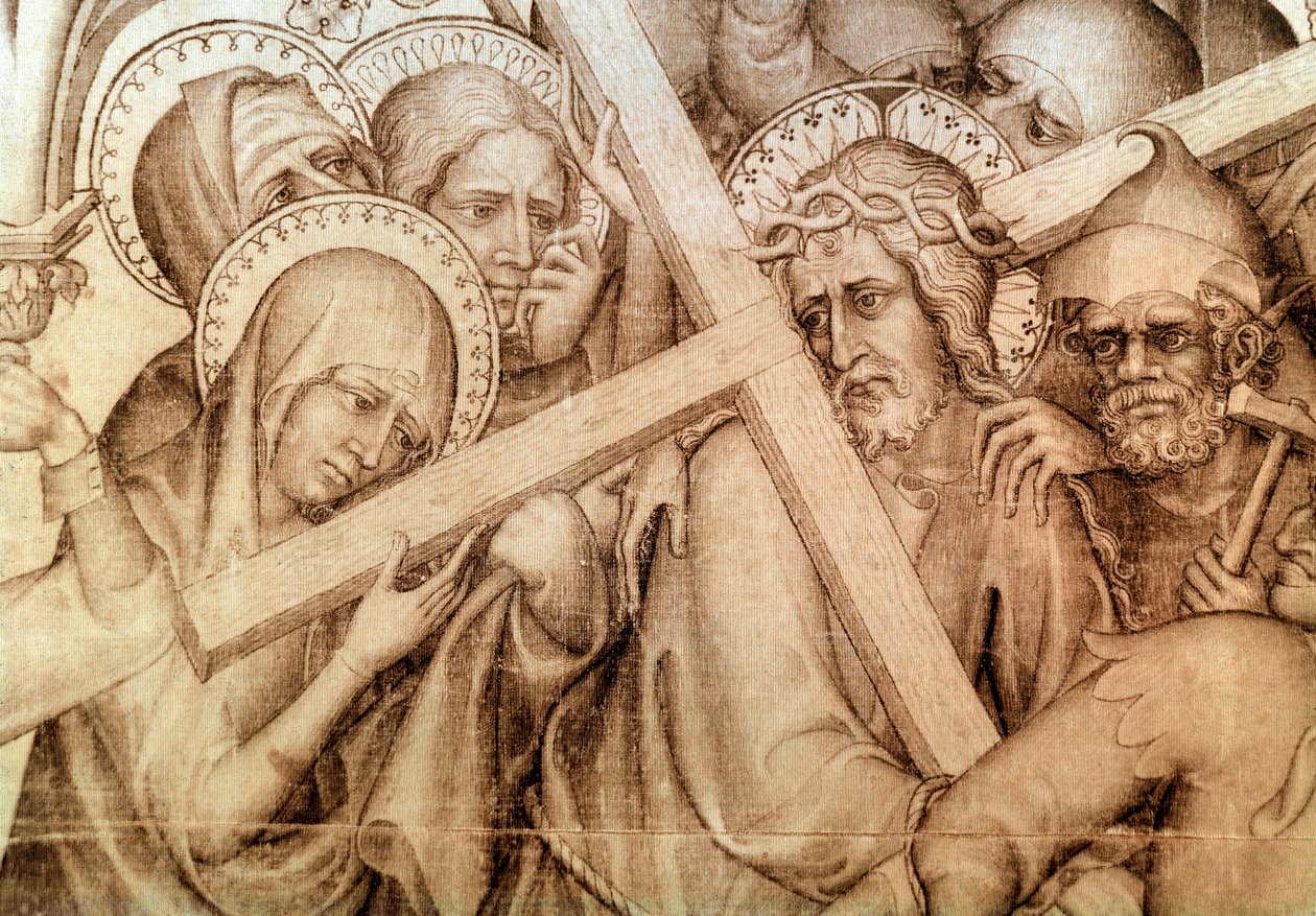 Paramento de Narbona: Cristo con la cruz (grisalla sobre seda) de Master of the Parement of Narbonne