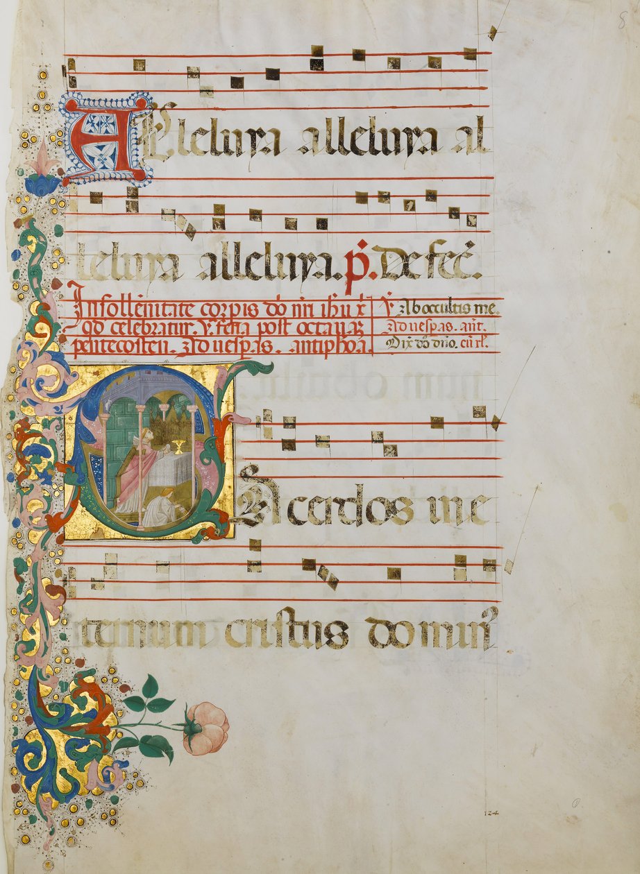 Hoja de manuscrito con la celebración de una misa en una inicial S de Master of the Riccardiana Lactantius