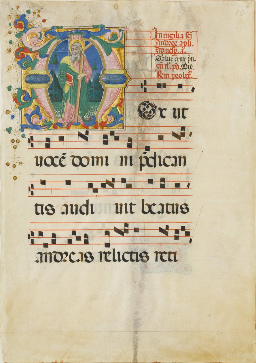 Hoja de manuscrito con la Fiesta de San Andrés en una inicial M ..., segunda mitad del siglo XV de Master of the Riccardiana Lactantius