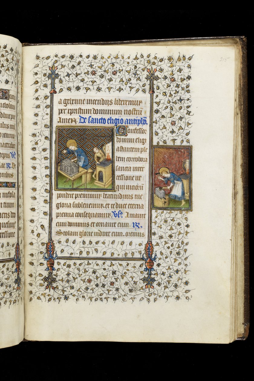 San Eligio haciendo un Santuario; San Eligio en un Yunque, de un Libro de Horas, c.1445-50 de Master of the Rohan Hours