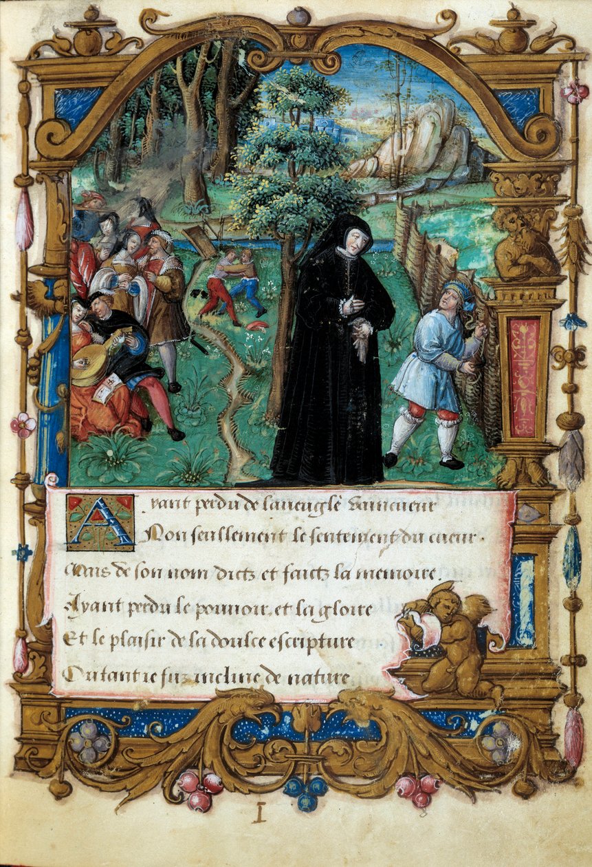Representación de la Reina de Navarra Margarita de Angulema (1492-1549), escena de amor cortés. Página tomada del manuscrito La coche ou Debat d