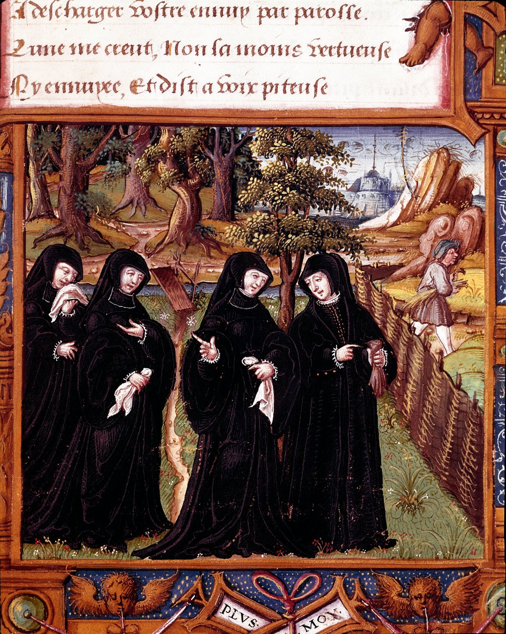 Representación de la Reina de Navarra Margarita de Angulema (1492-1549) hablando con sus compañeras. Página tomada del manuscrito 