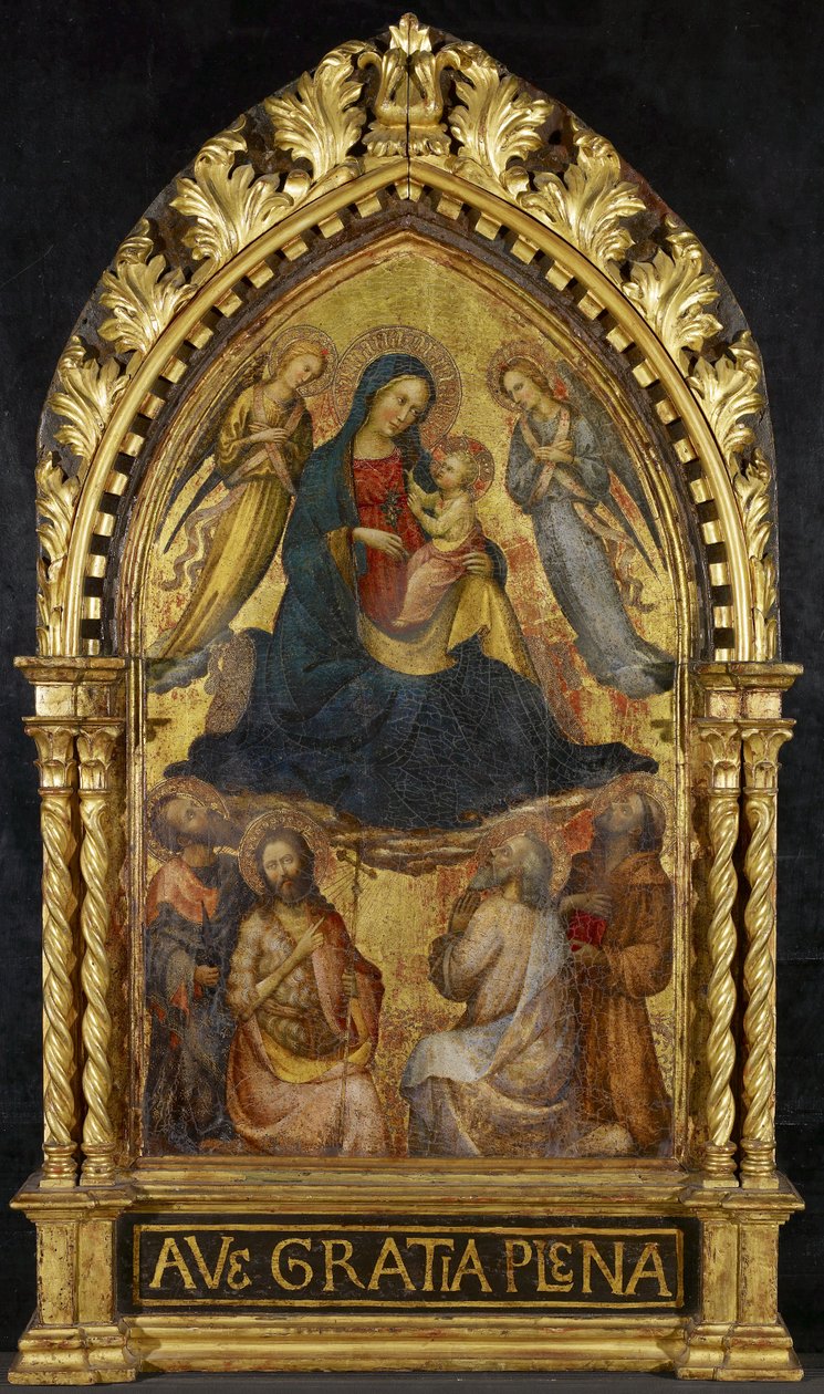 Virgen y Niño con ángeles y cuatro santos, c. 1400-15 de Master of the Straus Madonna