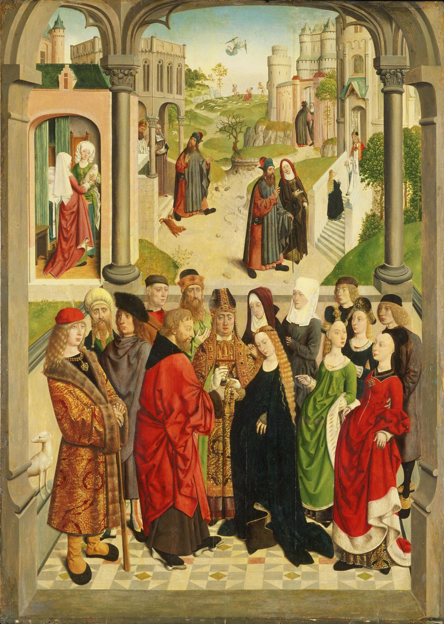 Holandés: Las Bodas de María. En el fondo (de izquierda a derecha) el nacimiento de María, la expulsión de Joaquín del templo, la proclamación a Joaquín, el encuentro en la Puerta Dorada y la presentación de María en el templo. de Master of the Tiburtine Sibyl