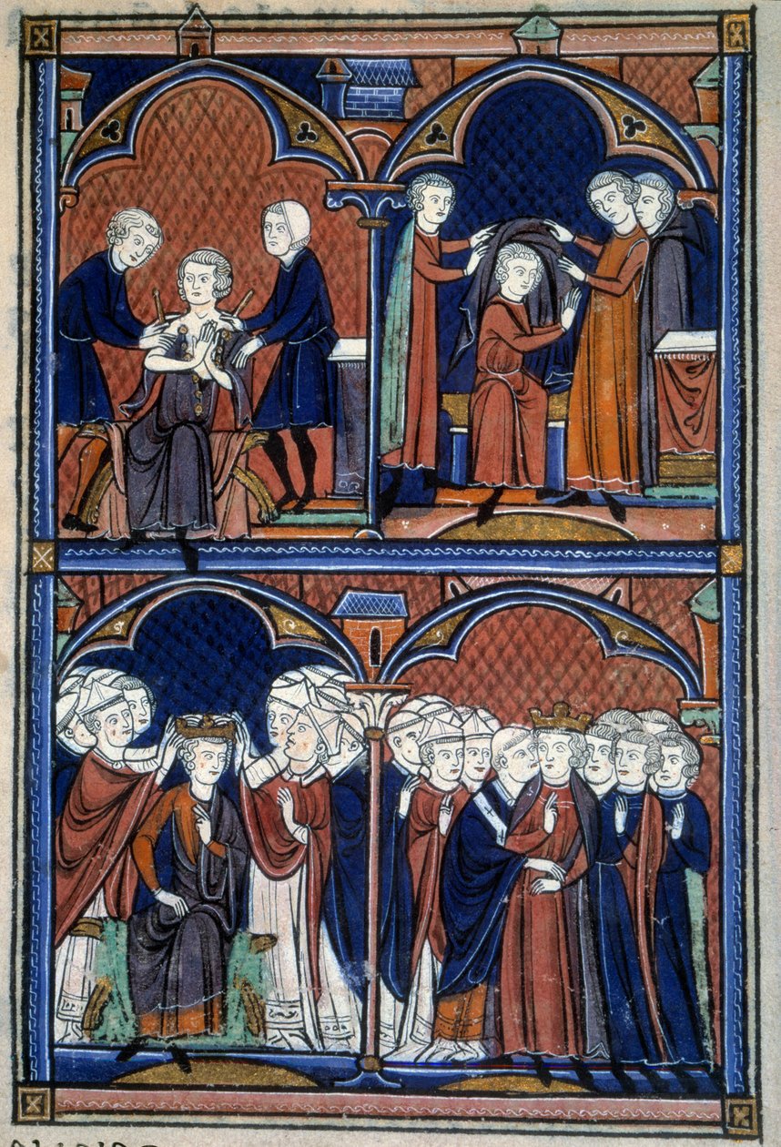 Orden de la Consagración y Coronación de los Reyes de Francia: El rey de la túnica, el manto y la corona sobre la que todos los pares ponen sus manos; el arco lo abraza. Miniatura tomada de "L