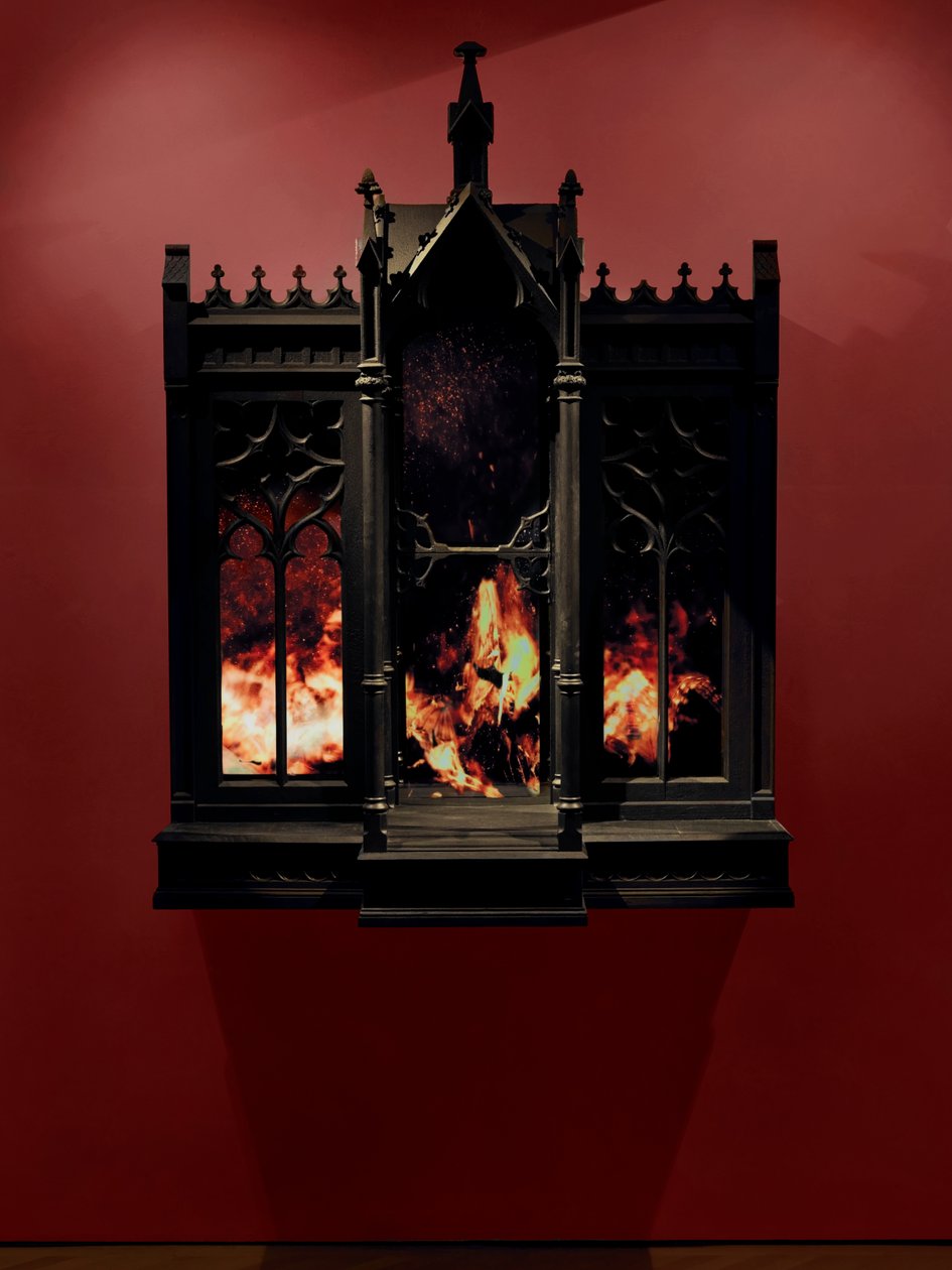 Performance, 2010 (madera, acero, espejo de vigilancia, pantallas LCD y disco duro) de Mat Collishaw