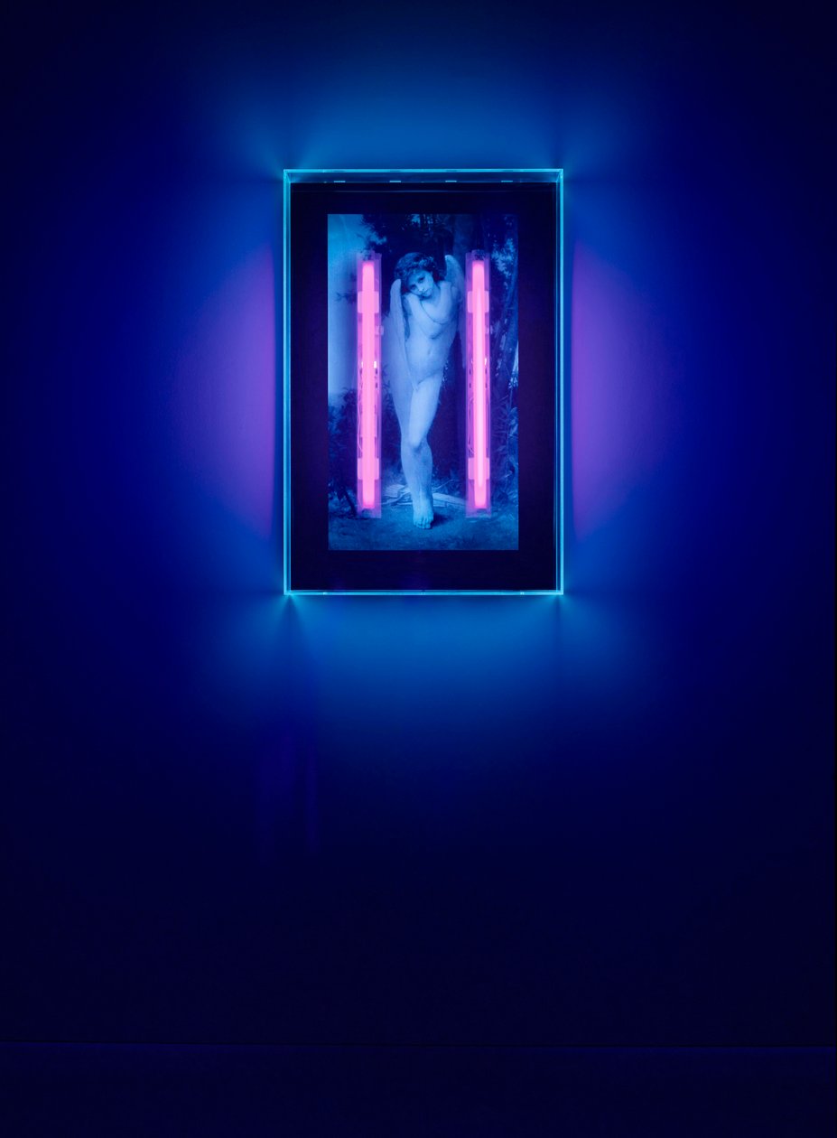 Ángel ultravioleta, 2008 (tinta ultravioleta sobre caja de plexiglás, 2 luces de neón ultravioleta) de Mat Collishaw