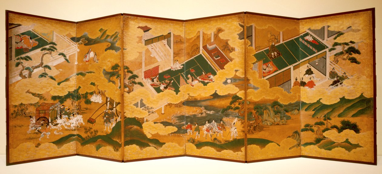 Cuentos de Genji, c.1650 (tinta, color y pan de oro sobre papel, biombo) de Matabei Iwasa