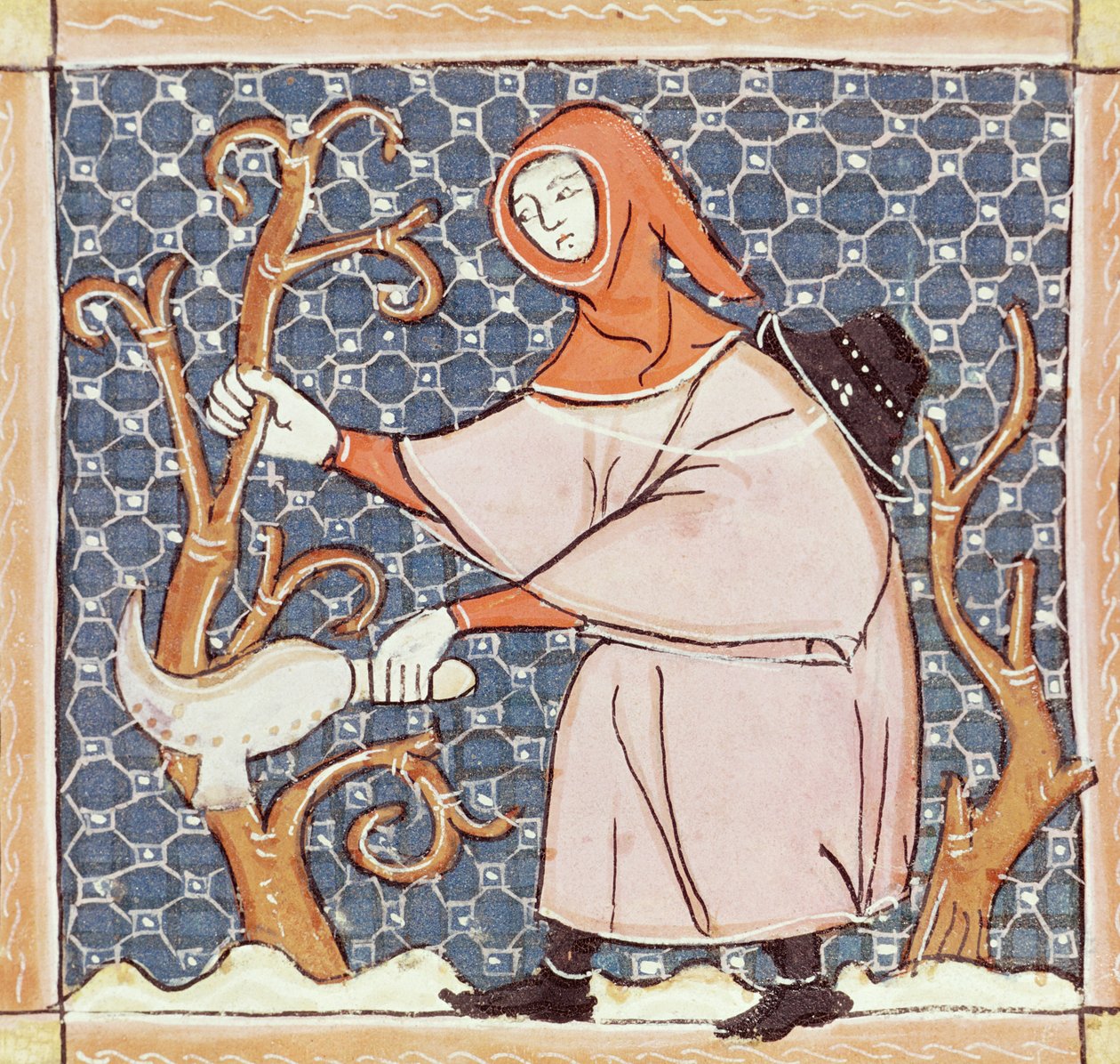 F.58v Marzo: Poda de árboles de Matfre Ermengaut