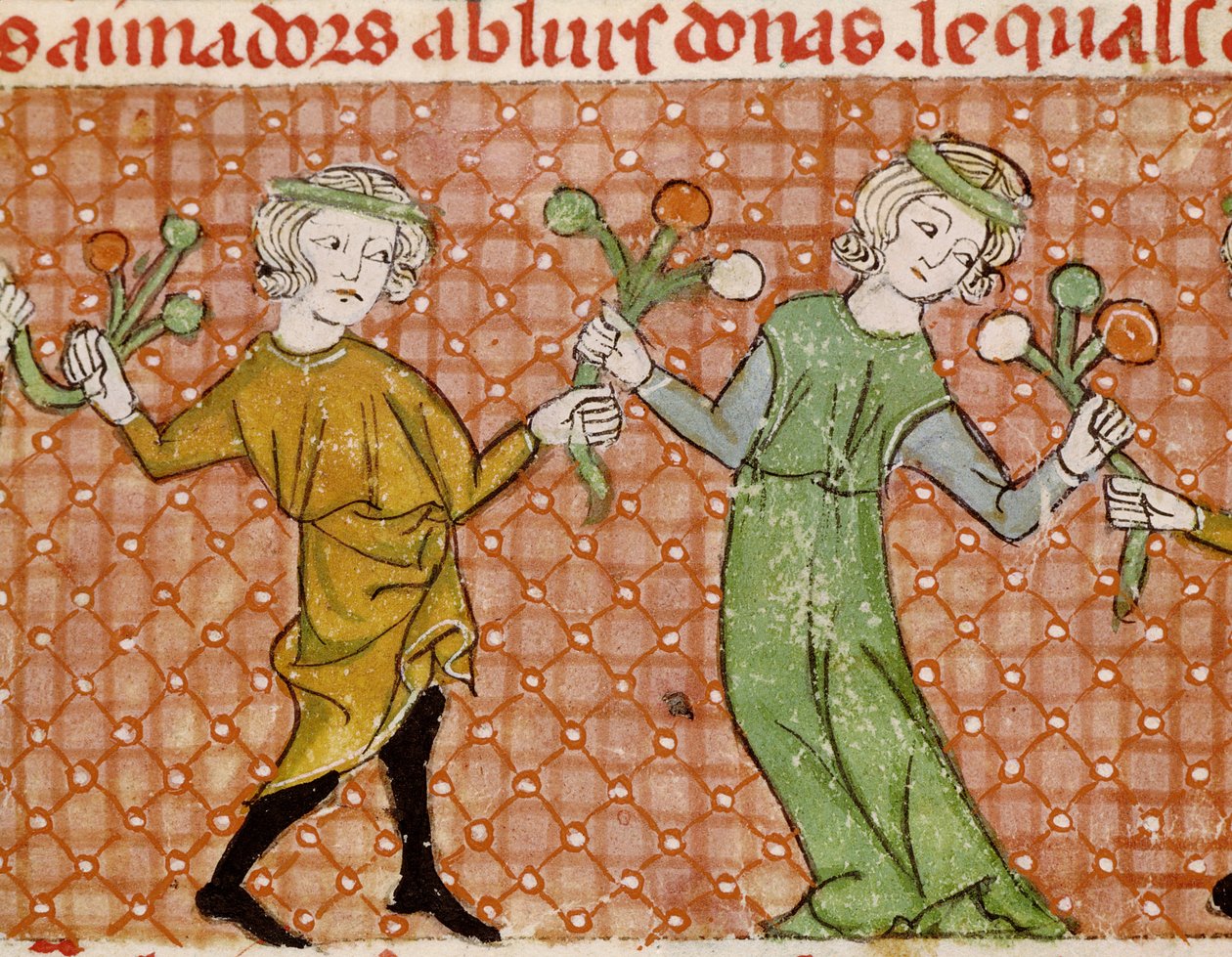 Fol.215v La tentación: Una pareja bailando de Matfre Ermengaut