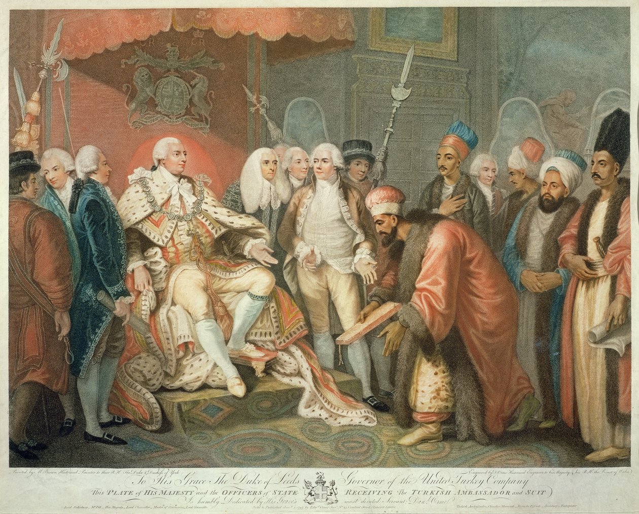 Su Majestad y Oficiales del Estado Recibiendo al Embajador Turco y su Comitiva, grabado por Daniel Orme, publicado por Edward Orme, 1797 de Mather Brown