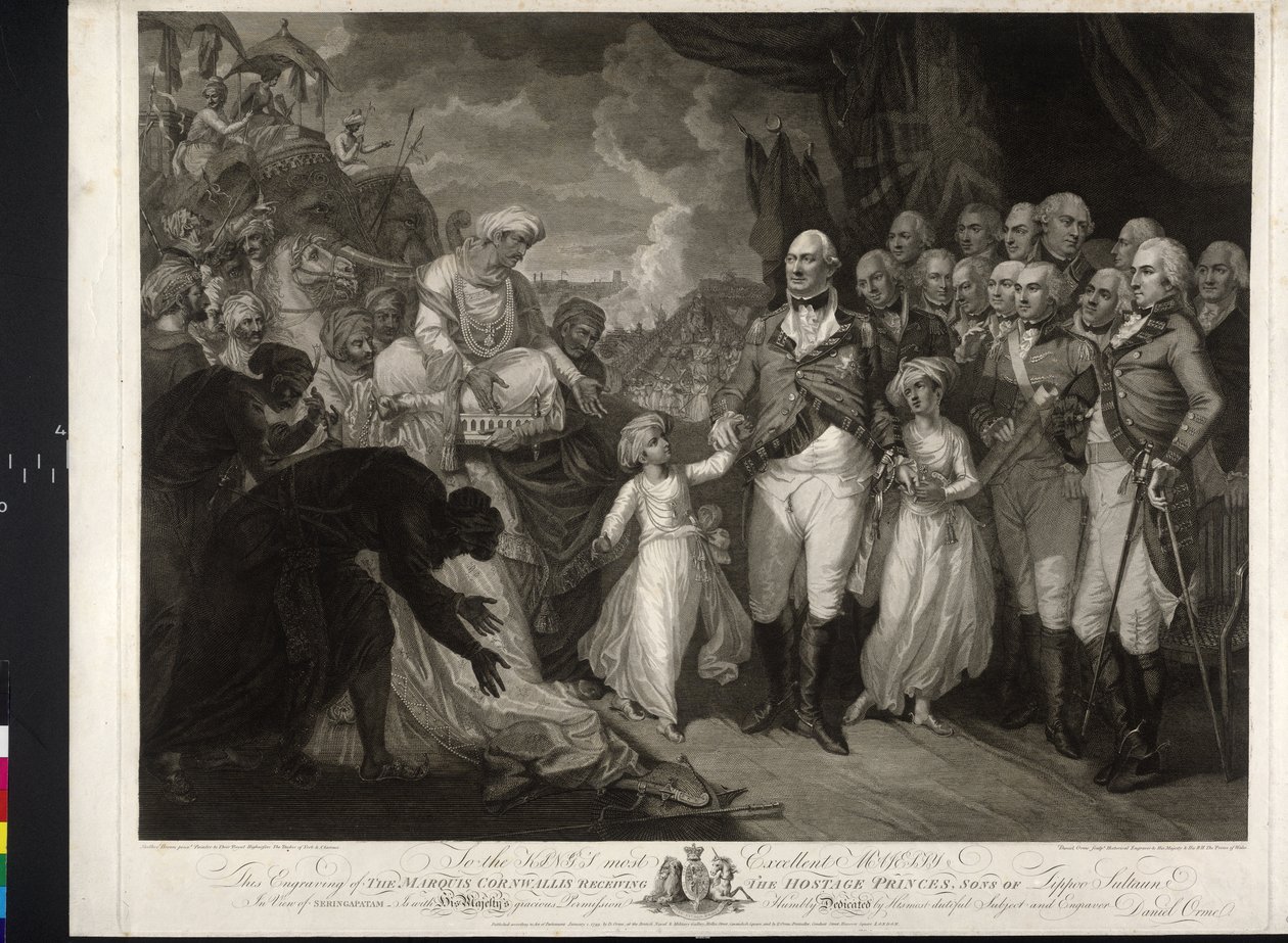 Maquris Cornwallis con los dos príncipes indios de Mather Brown
