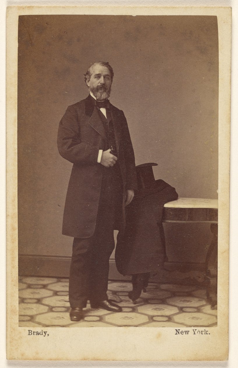 [Hombre barbudo no identificado de pie; junto a él, sobre una mesa, hay un sombrero de copa y un abrigo] de Mathew B. Brady