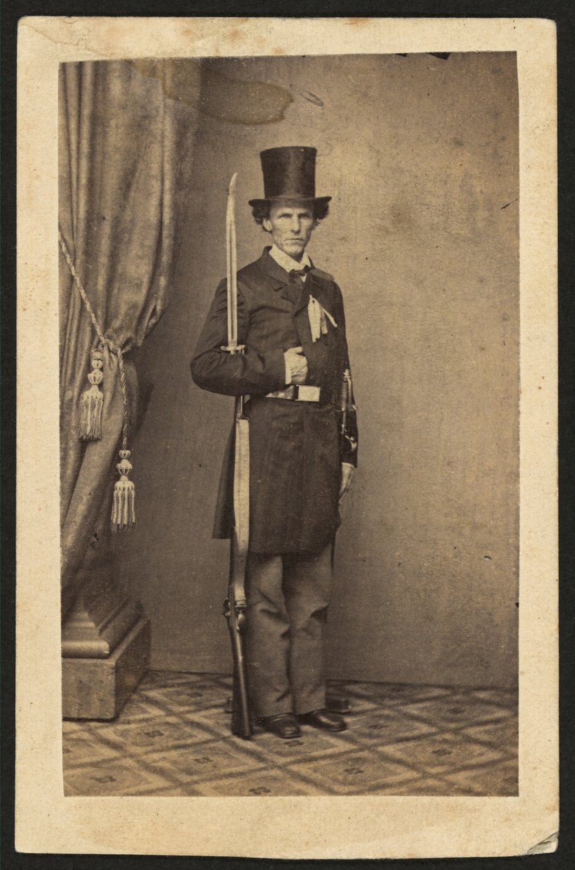 James Henry Lane (1814-1866), político y líder del Partido del Estado Libre de Kansas, retrato de cuerpo entero, con arma (foto sepia) de Mathew B. Brady