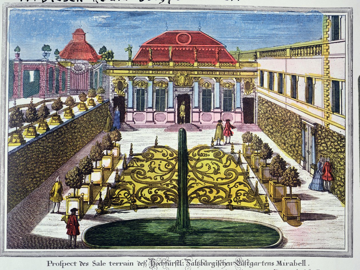 Los jardines del parque Mirabelle, Salzburgo, Austria, grabado por Karl Remshardt (1678-1735) c.1720 de Mathias Diesel