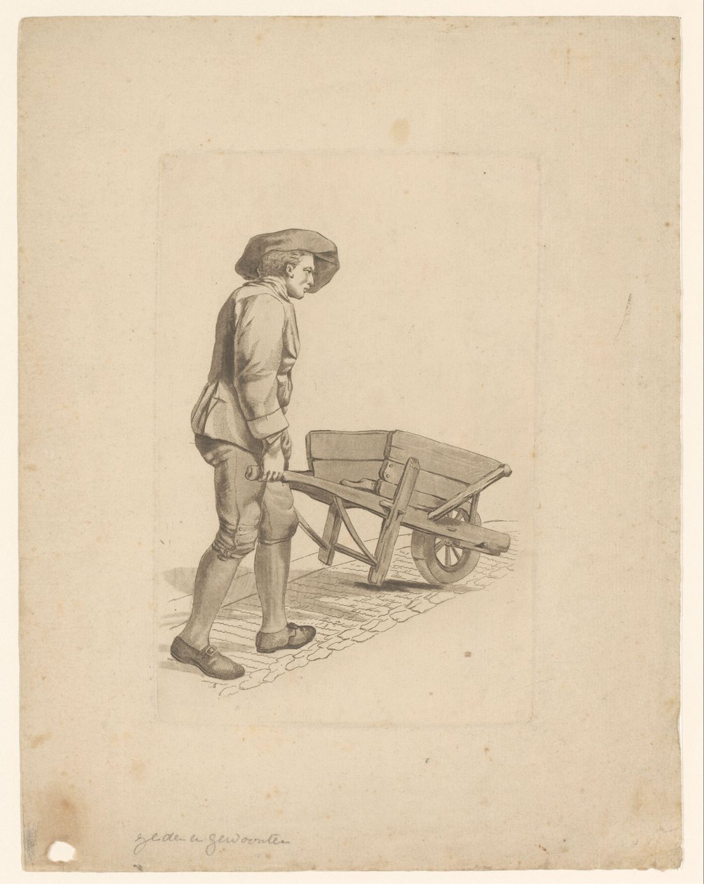 hombre con carretilla Hombres y mujeres de pie con ropa diferente (título de la serie) Colección de varias poses masculinas y femeninas vestidas, para el ejercicio de jóvenes pintores y entusiastas (título de la serie) de Mathias de Sallieth
