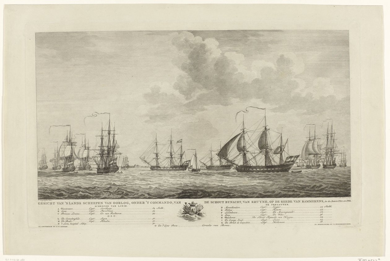 Flota de guerra holandesa frente a Rammekens, 1782-1783 Vista de los barcos de guerra nacionales, bajo el mando del contraalmirante, van Kruyne, en la rada de Rammekens, en den Jaare 1782 y 1783 (título sobre el objeto) de Mathias de Sallieth